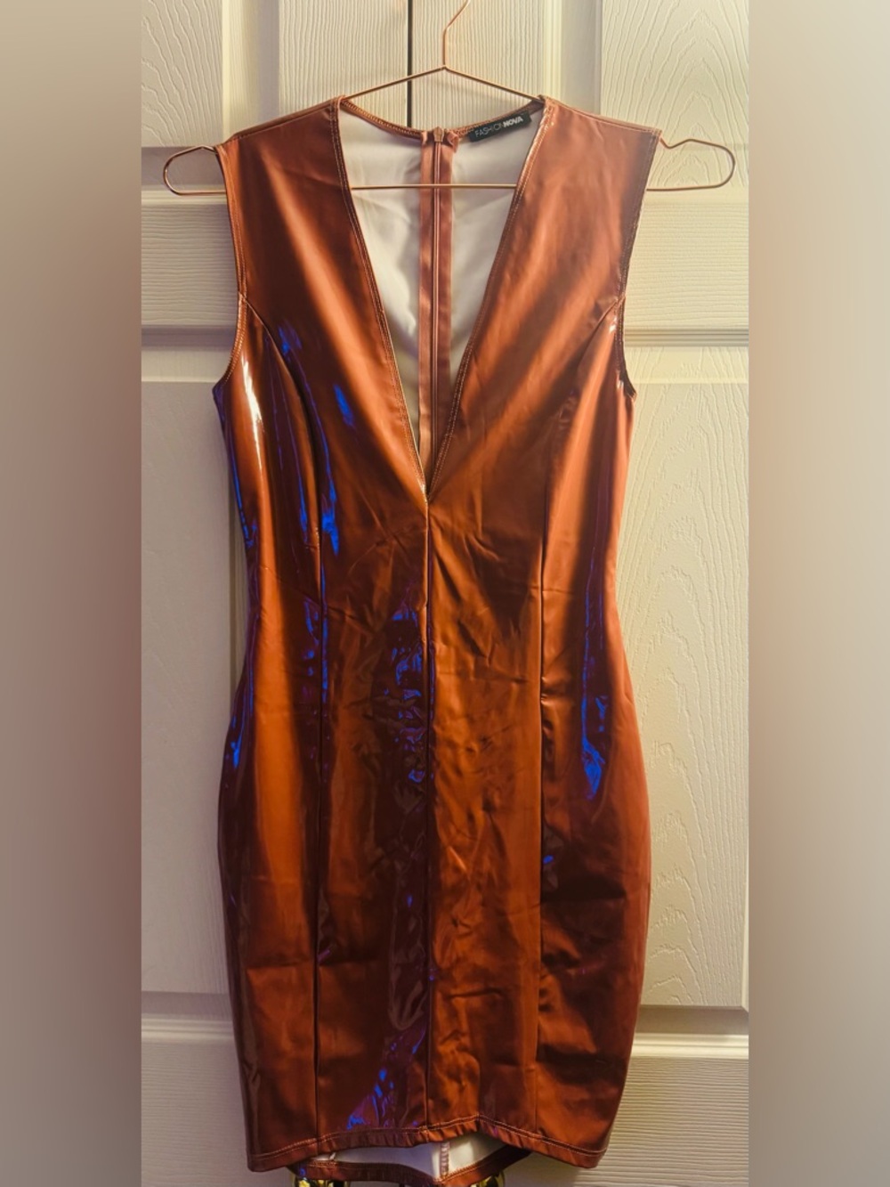 Fashion Nova Copper V-Neck Latex Bodycon Dress